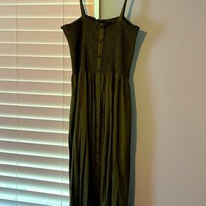 NWT- Beautiful Emerson Fry dark olive smocked, button front, tie-strap dress